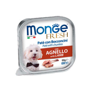 MONGE FRESH PATÉ CON TROZOS DE CORDERO 100gr LATA PARA PERROS