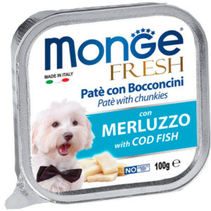 MONGE FRESH PATÉ CON TROZOS DE BACALAO 100gr LATA PARA PERROS