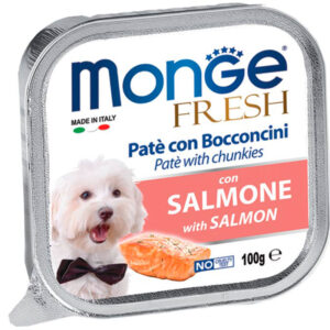 MONGE FRESH PATÉ CON TROZOS DE SALMÓN 100gr LATA PARA PERROS